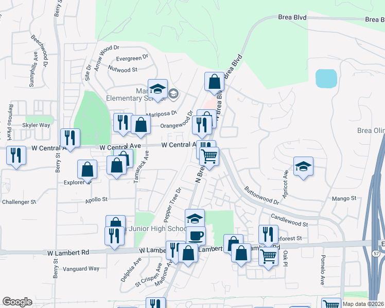 map of restaurants, bars, coffee shops, grocery stores, and more near 756 Ashby Lane in Brea