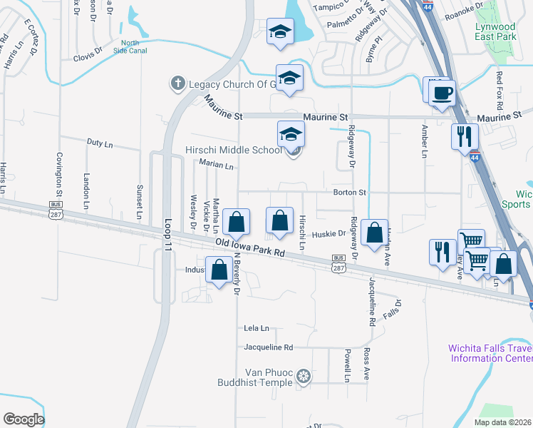 map of restaurants, bars, coffee shops, grocery stores, and more near 1024 Louise Lane in Wichita Falls