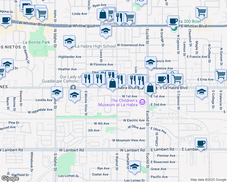 map of restaurants, bars, coffee shops, grocery stores, and more near 522 West La Habra Boulevard in La Habra