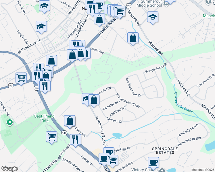 map of restaurants, bars, coffee shops, grocery stores, and more near 619 Glochester Place Northwest in Norcross
