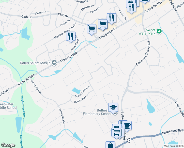 map of restaurants, bars, coffee shops, grocery stores, and more near 2920 Dunlin Lake Way in Lawrenceville