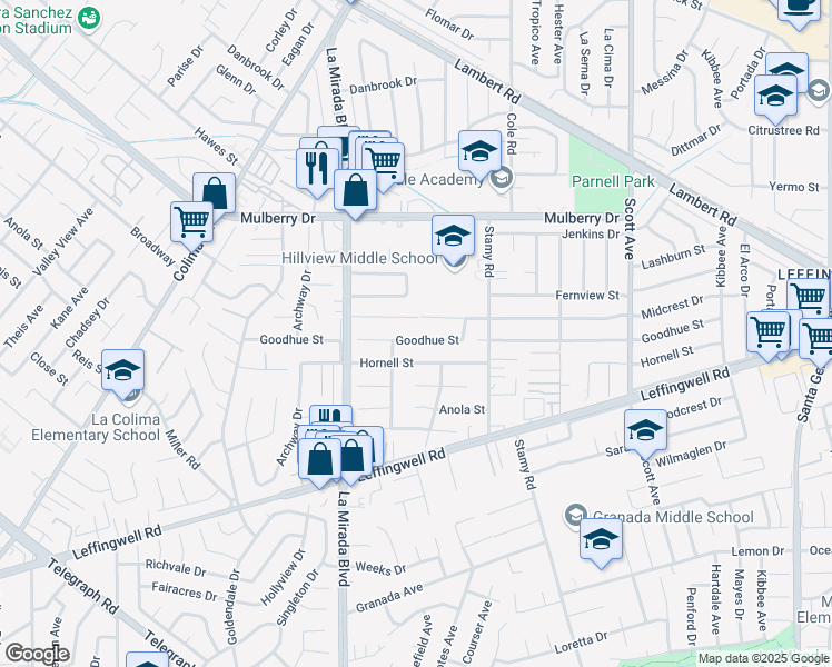 map of restaurants, bars, coffee shops, grocery stores, and more near 15077 Goodhue Street in Whittier