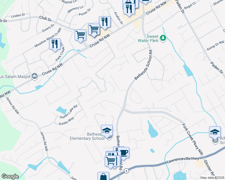 map of restaurants, bars, coffee shops, grocery stores, and more near 2780 Avalon Meadows Ln in Lawrenceville