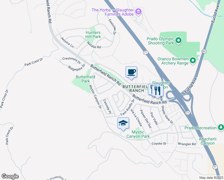 map of restaurants, bars, coffee shops, grocery stores, and more near 6229 Woodbridge Street in Chino Hills