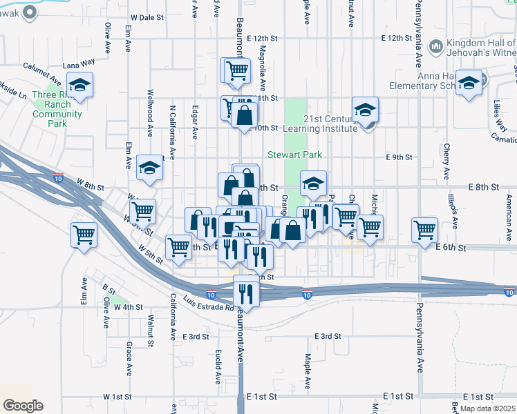 map of restaurants, bars, coffee shops, grocery stores, and more near 725 Magnolia Avenue in Beaumont