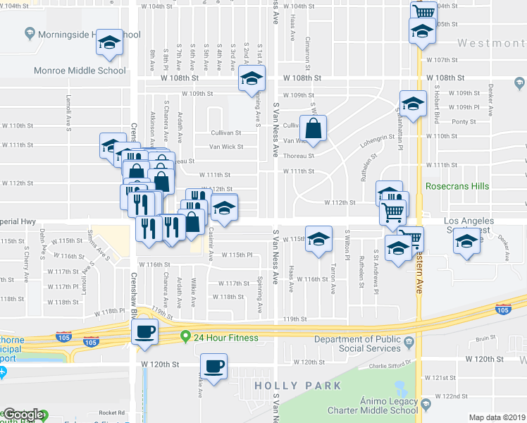 map of restaurants, bars, coffee shops, grocery stores, and more near 11228 Spinning Ave in Inglewood