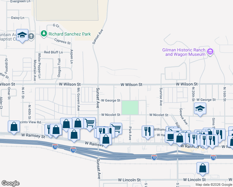 map of restaurants, bars, coffee shops, grocery stores, and more near 670 Morongo Avenue in Banning