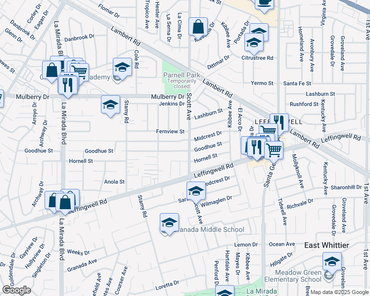 map of restaurants, bars, coffee shops, grocery stores, and more near 15367 Goodhue Street in Whittier