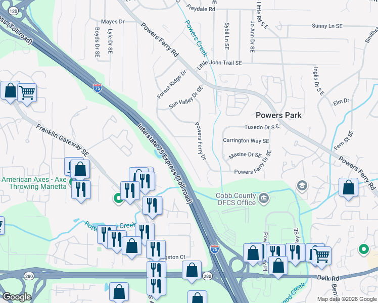 map of restaurants, bars, coffee shops, grocery stores, and more near 863 Forest Ridge Dr SE in Marietta