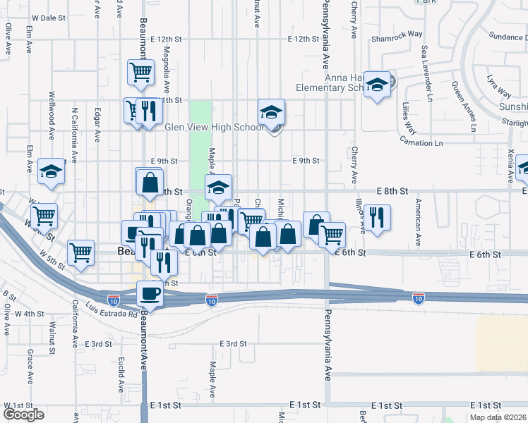 map of restaurants, bars, coffee shops, grocery stores, and more near 726 Chestnut Avenue in Beaumont