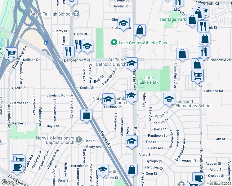 map of restaurants, bars, coffee shops, grocery stores, and more near 11626 Lakeland Road in Norwalk