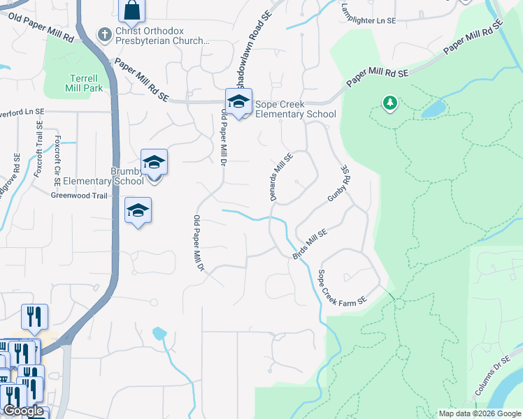 map of restaurants, bars, coffee shops, grocery stores, and more near 798 Birds Mill Southeast in Marietta