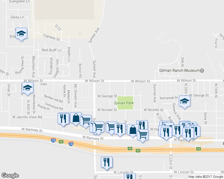 map of restaurants, bars, coffee shops, grocery stores, and more near 670 Morongo Avenue in Banning