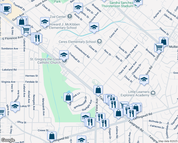 map of restaurants, bars, coffee shops, grocery stores, and more near 14170 Trumball Street in Whittier