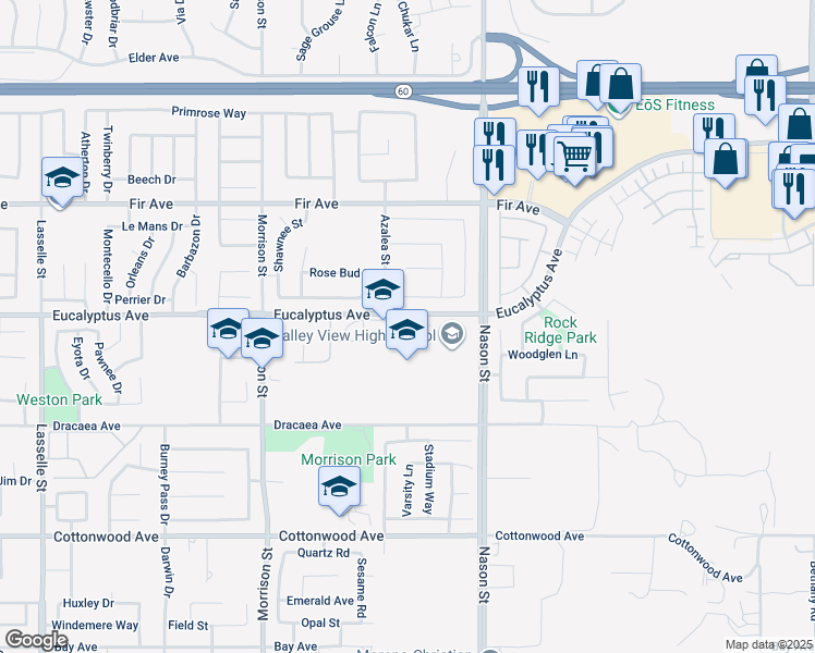 map of restaurants, bars, coffee shops, grocery stores, and more near 13135 Nason Street in Moreno Valley