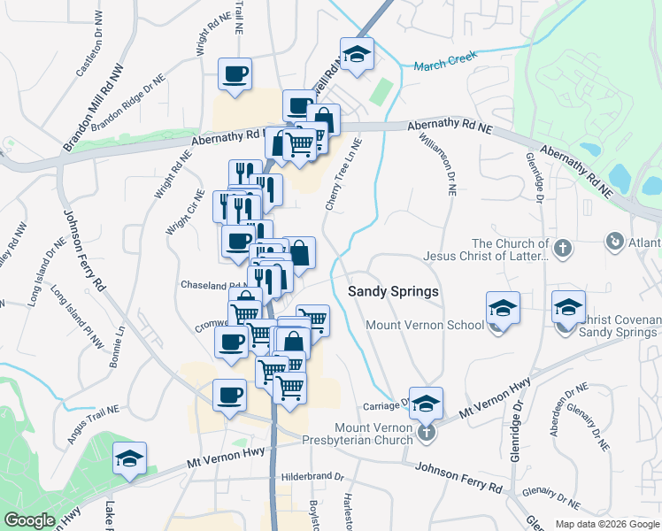 map of restaurants, bars, coffee shops, grocery stores, and more near 6478 Cherry Tree Lane Northeast in Atlanta