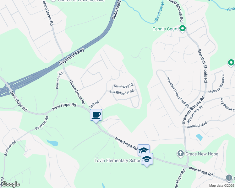 map of restaurants, bars, coffee shops, grocery stores, and more near 1421 Still Ridge Lane Southeast in Lawrenceville