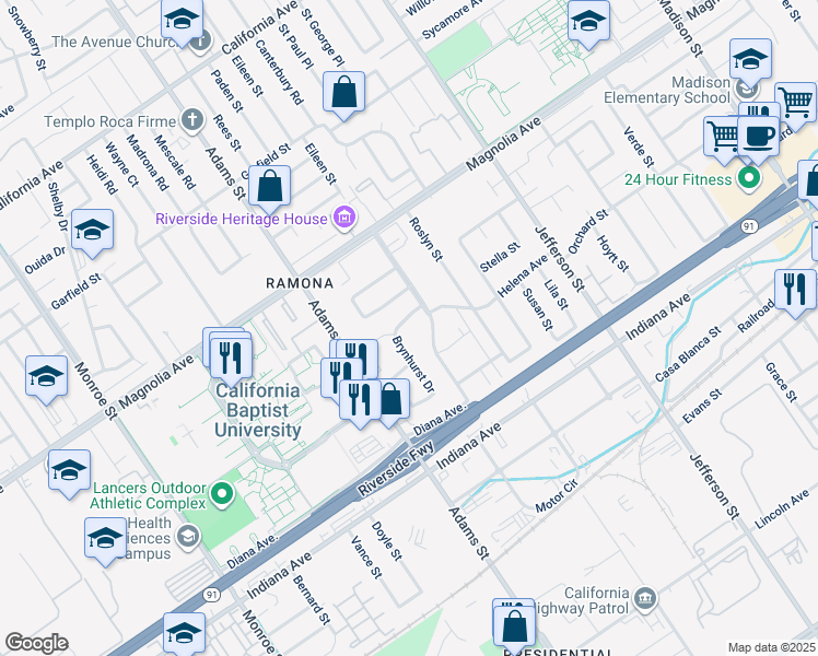 map of restaurants, bars, coffee shops, grocery stores, and more near 8198 Helena Avenue in Riverside