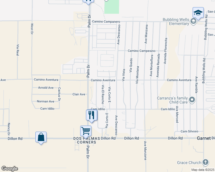 map of restaurants, bars, coffee shops, grocery stores, and more near 16105 Vía Corto East in Desert Hot Springs