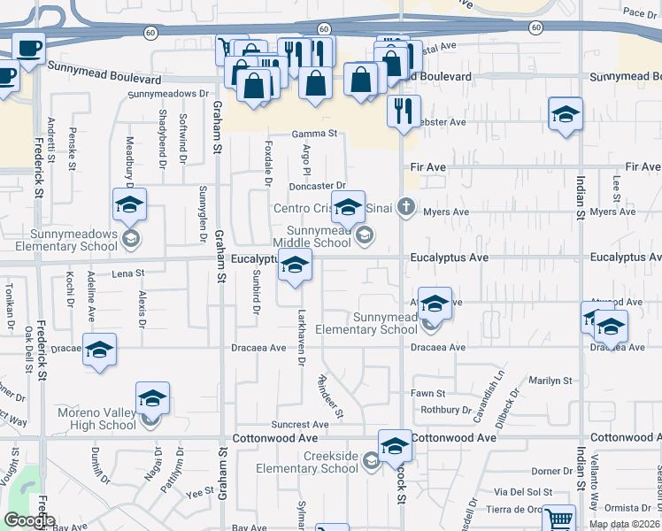 map of restaurants, bars, coffee shops, grocery stores, and more near 23806 Elyce Court in Moreno Valley