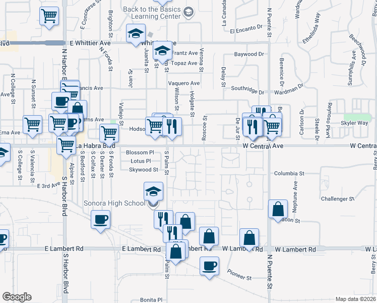 map of restaurants, bars, coffee shops, grocery stores, and more near 735 Leafwood Ct in Brea