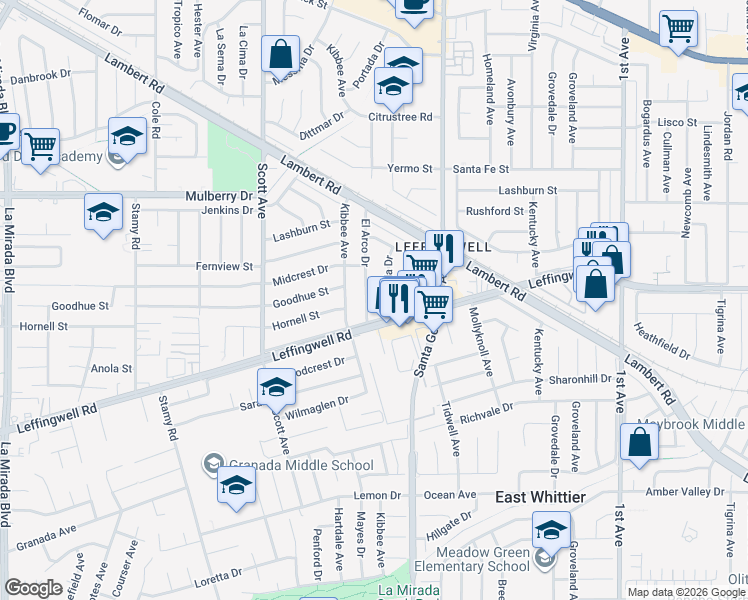 map of restaurants, bars, coffee shops, grocery stores, and more near 11202 El Arco Drive in Whittier