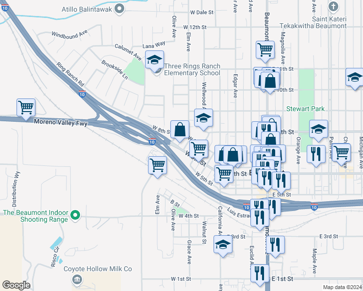 map of restaurants, bars, coffee shops, grocery stores, and more near 502 West 6th Street in Beaumont