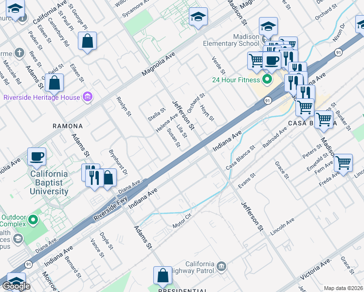 map of restaurants, bars, coffee shops, grocery stores, and more near 3485 Susan Street in Riverside