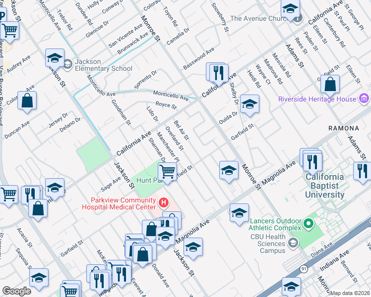 map of restaurants, bars, coffee shops, grocery stores, and more near 4071 Overland Street in Riverside