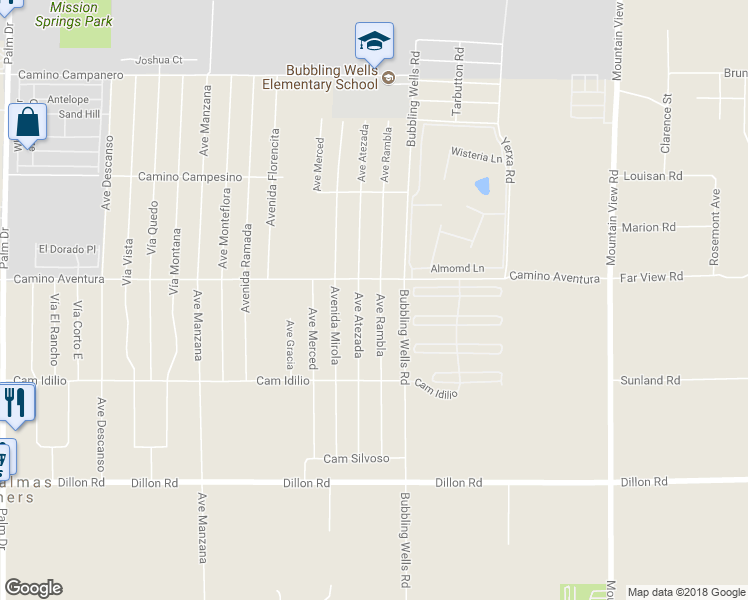 map of restaurants, bars, coffee shops, grocery stores, and more near 16105 Avenue Rambla in Desert Hot Springs