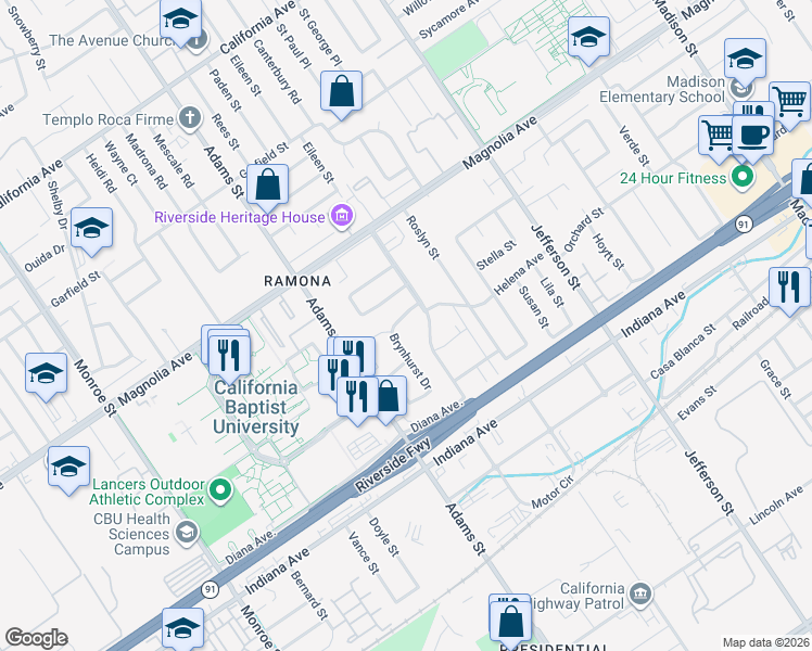 map of restaurants, bars, coffee shops, grocery stores, and more near 8198 Helena Avenue in Riverside