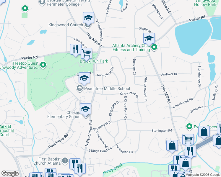 map of restaurants, bars, coffee shops, grocery stores, and more near 2327 Riverglenn Circle in Dunwoody