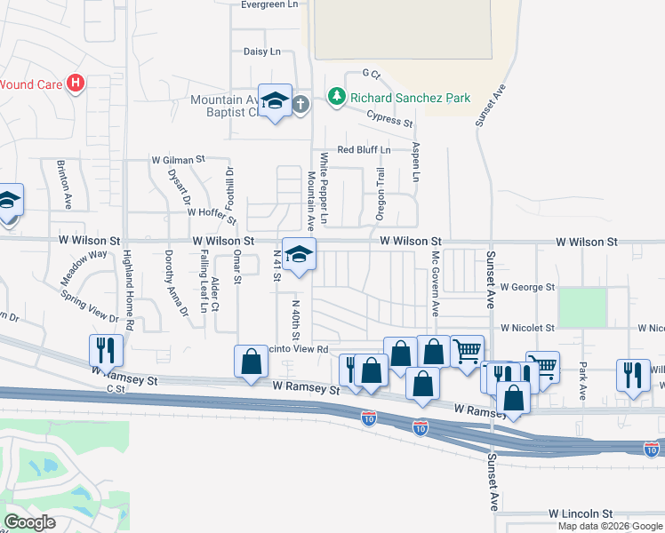 map of restaurants, bars, coffee shops, grocery stores, and more near 3800 West Wilson Street in Banning