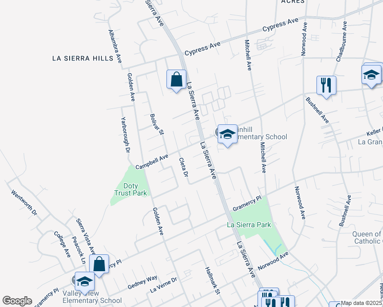 map of restaurants, bars, coffee shops, grocery stores, and more near 11141 Oriole Drive in Riverside