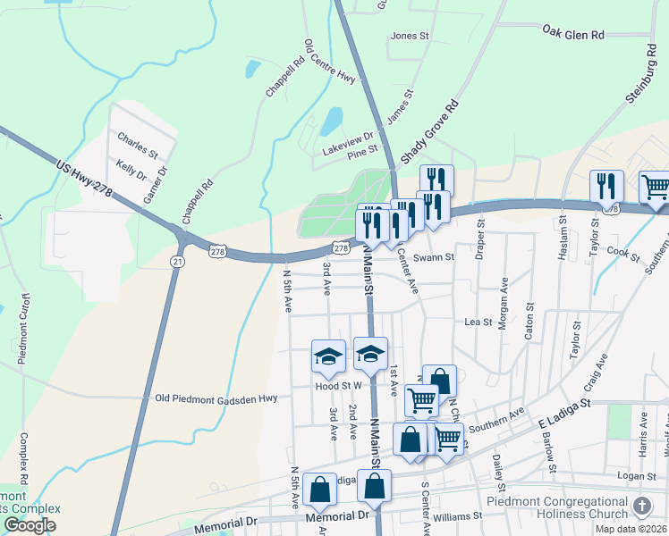 map of restaurants, bars, coffee shops, grocery stores, and more near 212 Gadsden Street in Piedmont