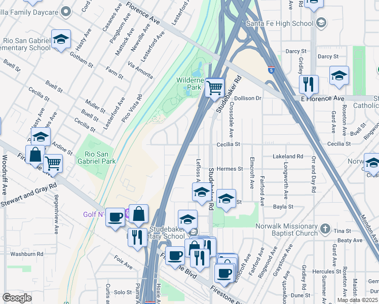 map of restaurants, bars, coffee shops, grocery stores, and more near 10919 Lakeland Road in Norwalk