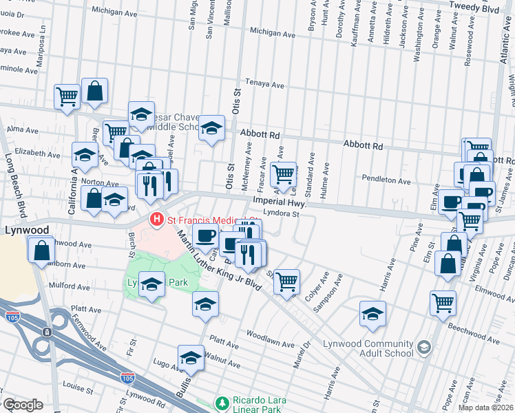 map of restaurants, bars, coffee shops, grocery stores, and more near 3813 Lyndora Street in Lynwood