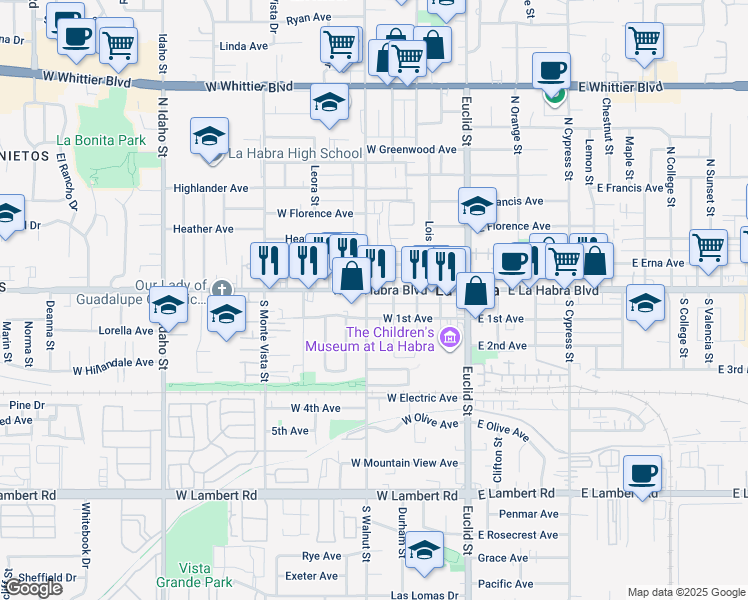map of restaurants, bars, coffee shops, grocery stores, and more near 400 West La Habra Boulevard in La Habra