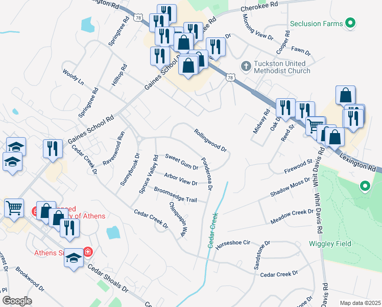 map of restaurants, bars, coffee shops, grocery stores, and more near 270 Ponderosa Drive in Athens