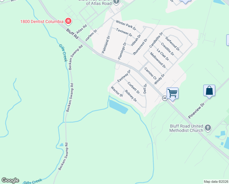 map of restaurants, bars, coffee shops, grocery stores, and more near 4513 Wactor Street in Columbia