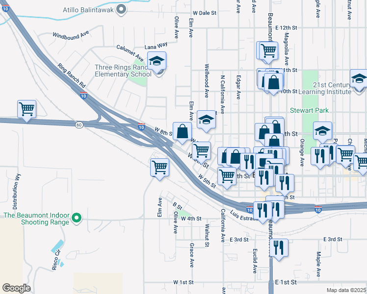 map of restaurants, bars, coffee shops, grocery stores, and more near 502 West 6th Street in Beaumont