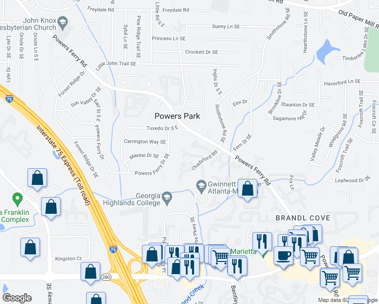 map of restaurants, bars, coffee shops, grocery stores, and more near 2126 Palmyra Drive in Marietta