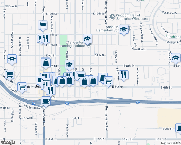 map of restaurants, bars, coffee shops, grocery stores, and more near 724 Michigan Avenue in Beaumont