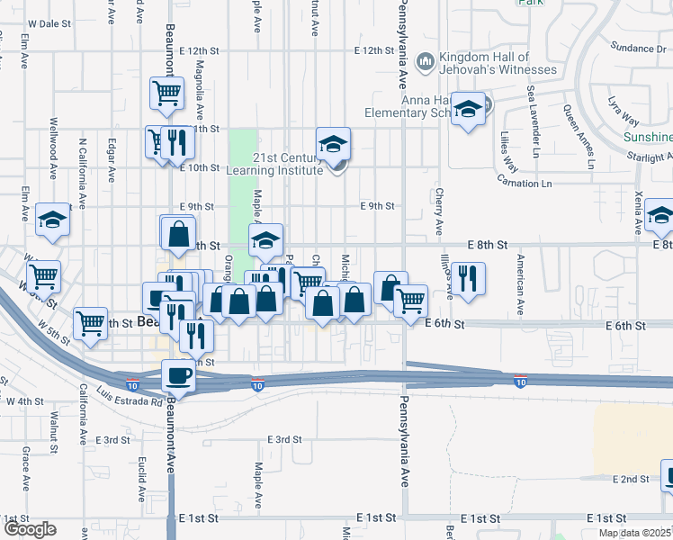 map of restaurants, bars, coffee shops, grocery stores, and more near 726 Chestnut Avenue in Beaumont