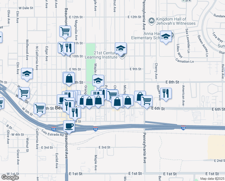 map of restaurants, bars, coffee shops, grocery stores, and more near 726 Chestnut Avenue in Beaumont