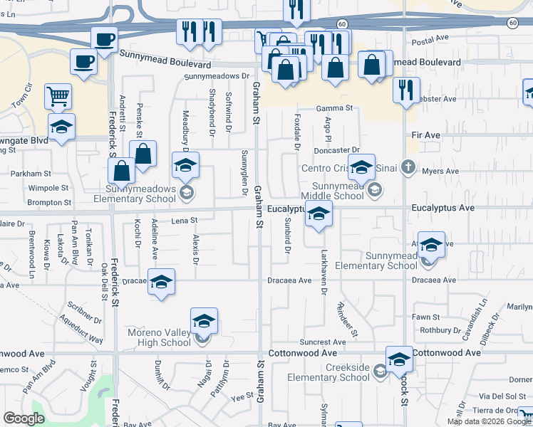 map of restaurants, bars, coffee shops, grocery stores, and more near 13015 Sunlit Court in Moreno Valley
