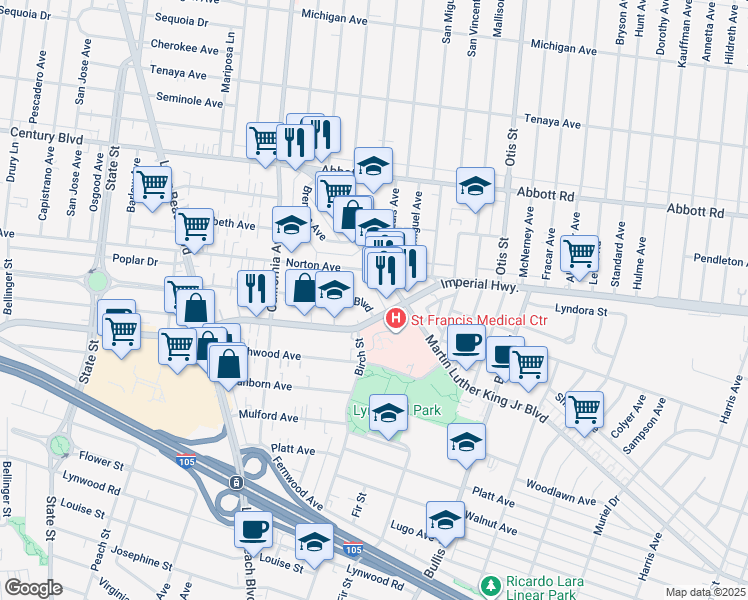 map of restaurants, bars, coffee shops, grocery stores, and more near 3615 East Imperial Highway in Lynwood