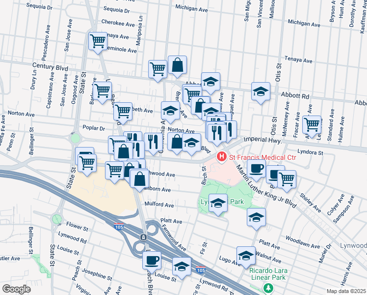map of restaurants, bars, coffee shops, grocery stores, and more near 3576 Los Flores Boulevard in Lynwood