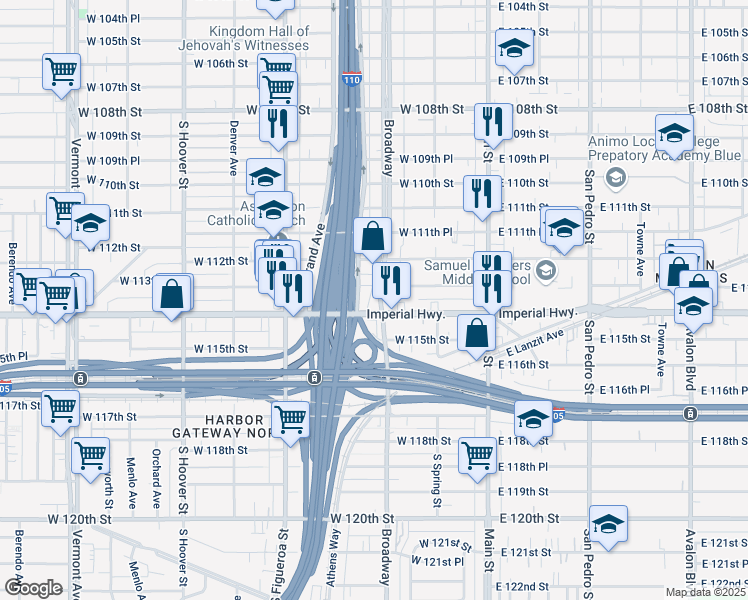 map of restaurants, bars, coffee shops, grocery stores, and more near 11310 South Olive Street in Los Angeles