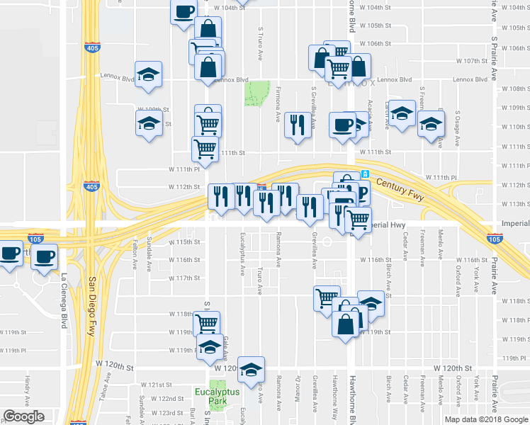 map of restaurants, bars, coffee shops, grocery stores, and more near 11311 Firmona Avenue in Inglewood